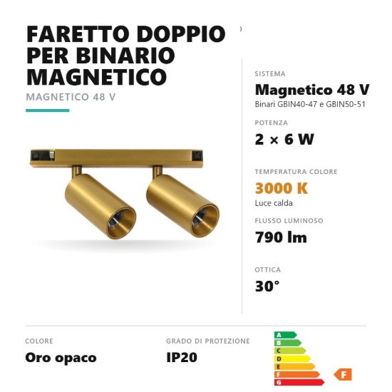 Gea luce gfa1820 faretto doppio per binario magnetico led 12w 3000k orientabile oro