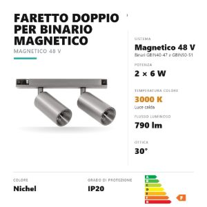 Gea luce gfa1820 faretto doppio per binario magnetico led 12w 3000k orientabile nichel
