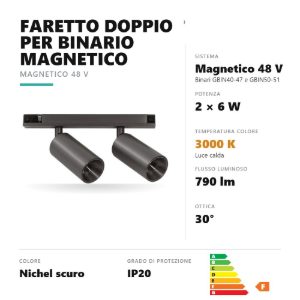 Gea luce gfa1820 faretto doppio per binario magnetico led 12w 3000k orientabile nichel scuro