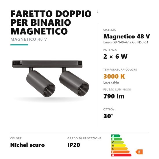 Gea luce gfa1820 faretto doppio per binario magnetico led 12w 3000k orientabile nichel scuro