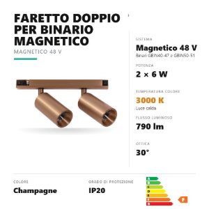 Gea luce gfa1820 faretto doppio per binario magnetico led 12w 3000k orientabile champagne