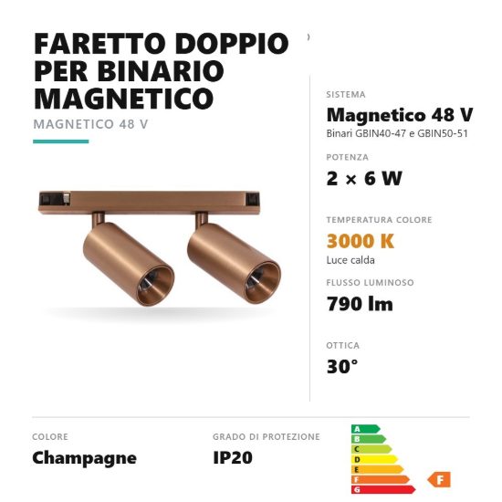 Gea luce gfa1820 faretto doppio per binario magnetico led 12w 3000k orientabile champagne