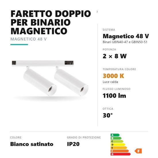 Gea luce gfa1820 faretto doppio per binario magnetico led 16w 3000k orientabile bianco satinato
