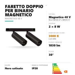 Gea luce gfa1820 faretto doppio per binario magnetico led 16w 3000k orientabile nero satinato