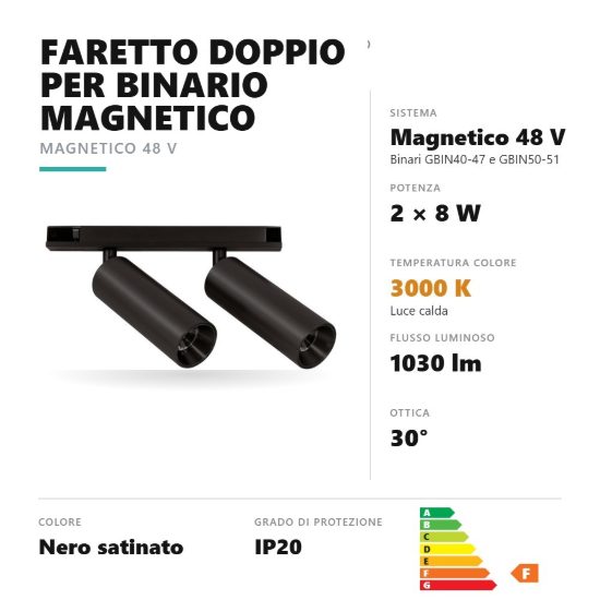 Gea luce gfa1820 faretto doppio per binario magnetico led 16w 3000k orientabile nero satinato