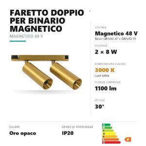 Gea luce gfa1820 faretto doppio per binario magnetico led 16w 3000k orientabile oro