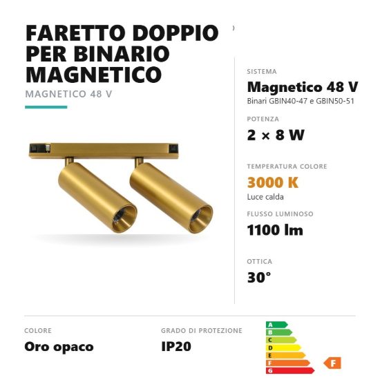 Gea luce gfa1820 faretto doppio per binario magnetico led 16w 3000k orientabile oro