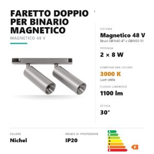 Gea luce gfa1820 faretto doppio per binario magnetico led 16w 3000k orientabile nichel