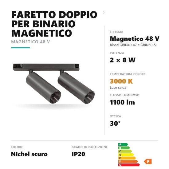 Gea luce gfa1820 faretto doppio per binario magnetico led 16w 3000k orientabile nichel scuro