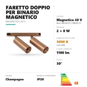 Gea luce gfa1820 faretto doppio per binario magnetico led 16w 3000k orientabile champagne