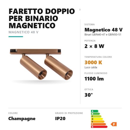 Gea luce gfa1820 faretto doppio per binario magnetico led 16w 3000k orientabile champagne