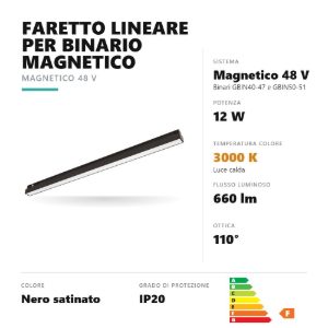 Gea luce gfa1840 faretto per binario magnetico led 12w 3000k lineare nero satinato