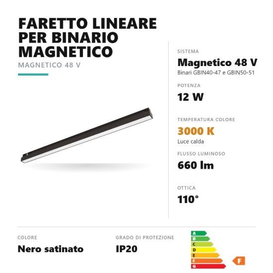 Gea luce gfa1840 faretto per binario magnetico led 12w 3000k lineare nero satinato