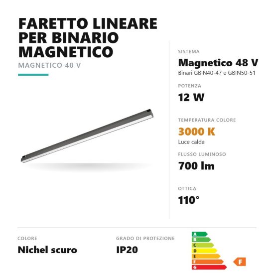 Gea luce gfa1840 faretto per binario magnetico led 12w 3000k lineare nichel scuro