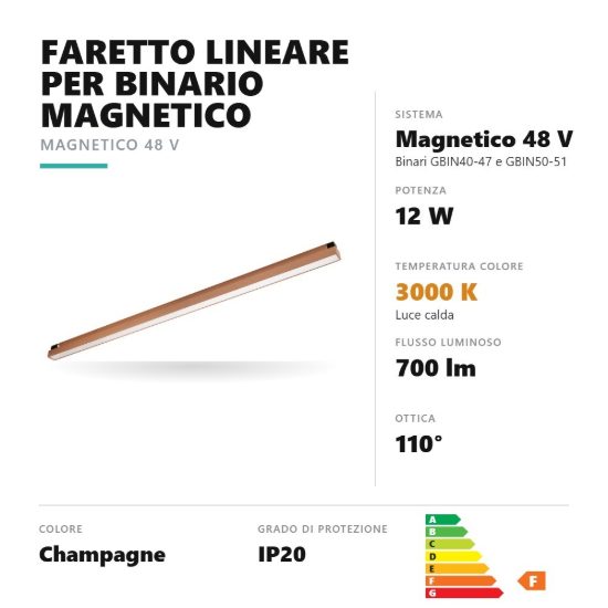 Gea luce gfa1840 faretto per binario magnetico led 12w 3000k lineare champagne