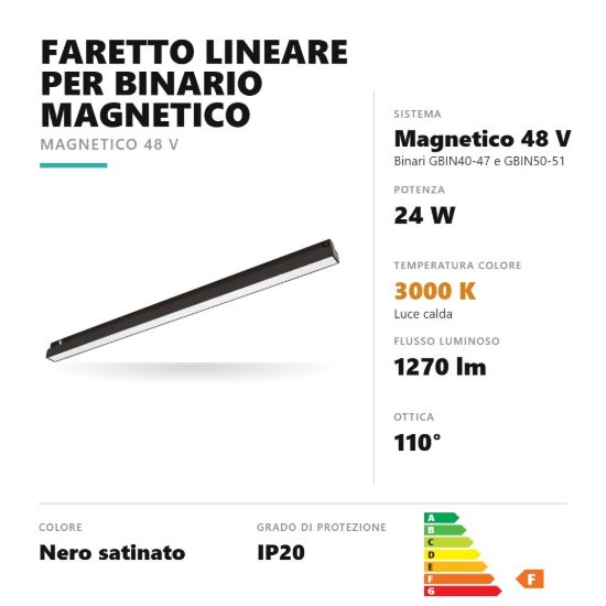 Gea luce gfa1840 faretto per binario magnetico led 24w 3000k lineare nero satinato