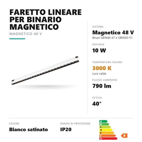 Gea luce gfa1860 faretto per binario magnetico led 10w 3000k antiabbaglio lineare bianco satinato