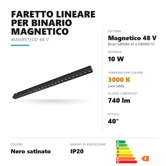 Gea luce gfa1860 faretto per binario magnetico led 10w 3000k antiabbaglio lineare nero satinato