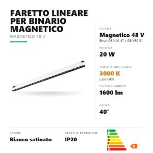 Gea luce gfa1860 faretto per binario magnetico led 20w 3000k antiabbaglio lineare bianco satinato
