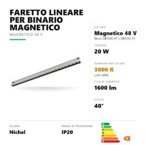Gea luce gfa1860 faretto per binario magnetico led 20w 3000k antiabbaglio lineare nichel
