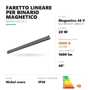 Gea luce gfa1860 faretto per binario magnetico led 20w 3000k antiabbaglio lineare nichel scuro