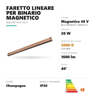 Gea luce gfa1860 faretto per binario magnetico led 20w 3000k antiabbaglio lineare champagne