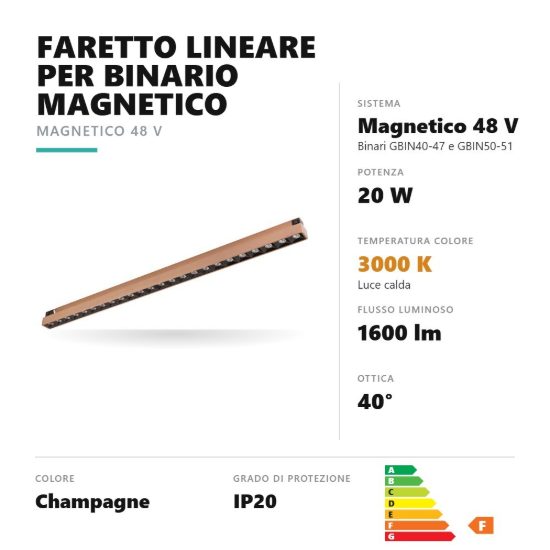 Gea luce gfa1860 faretto per binario magnetico led 20w 3000k antiabbaglio lineare champagne