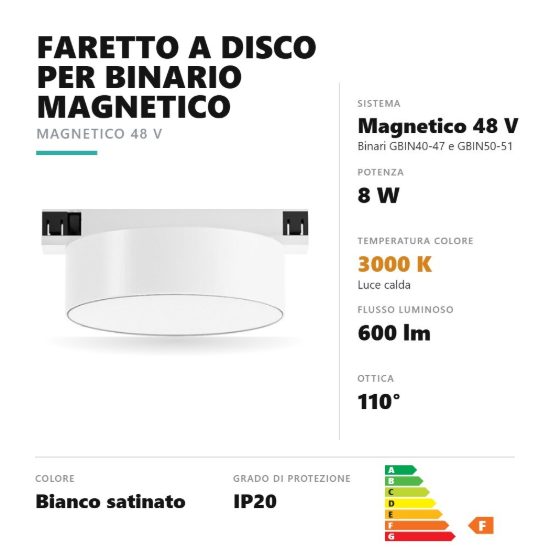 Gea luce gfa1880 faretto per binario magnetico led 8w 3000k rotondo bianco satinato