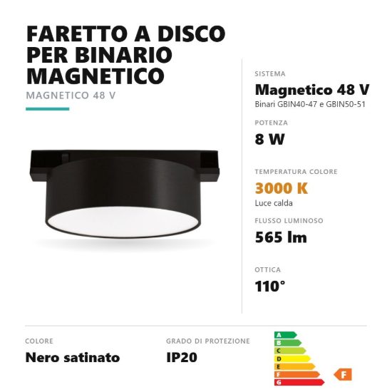 Gea luce gfa1880 faretto per binario magnetico led 8w 3000k rotondo nero satinato
