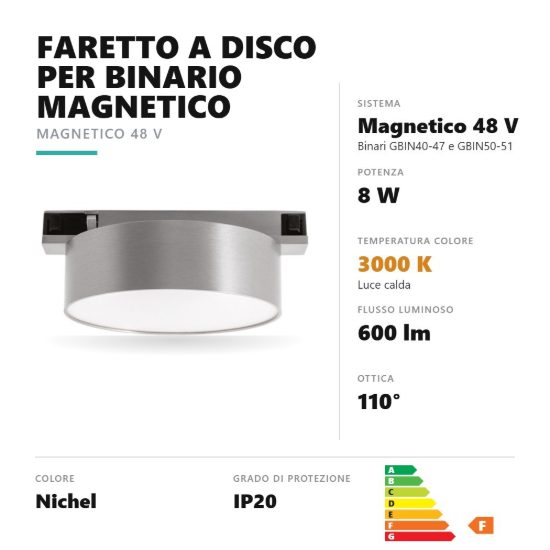 Gea luce gfa1880 faretto per binario magnetico led 8w 3000k rotondo nichel