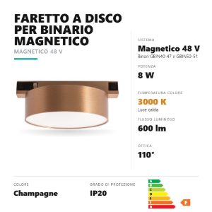 Gea luce gfa1880 faretto per binario magnetico led 8w 3000k rotondo champagne
