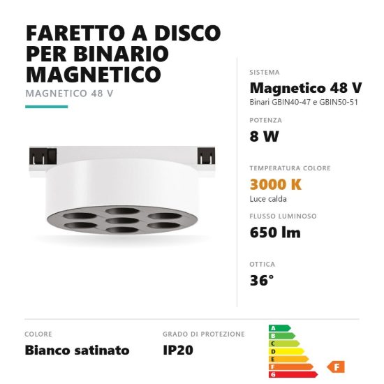 Gea luce gfa1890 faretto per binario magnetico led 8w 3000k antiabbaglio rotondo bianco satinato