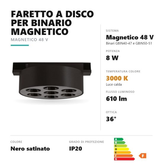 Gea luce gfa1890 faretto per binario magnetico led 8w 3000k antiabbaglio rotondo nero satinato