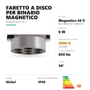 Gea luce gfa1890 faretto per binario magnetico led 8w 3000k antiabbaglio rotondo nichel