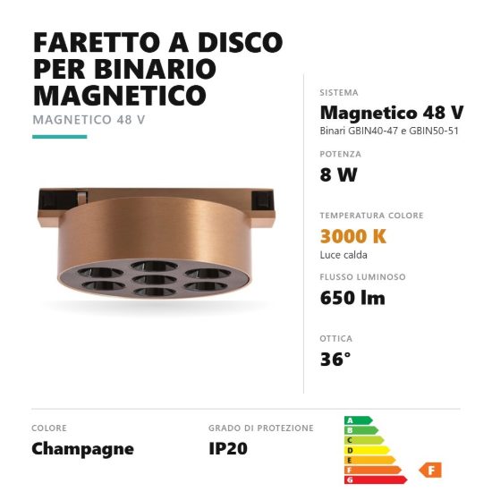 Gea luce gfa1890 faretto per binario magnetico led 8w 3000k antiabbaglio rotondo champagne