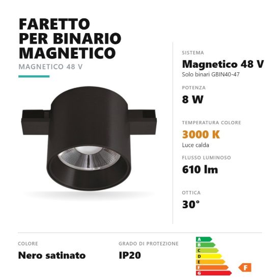 Gea luce gfa1900 faretto per binario magnetico led 8w 3000k antiabbaglio cilindrico nero satinato
