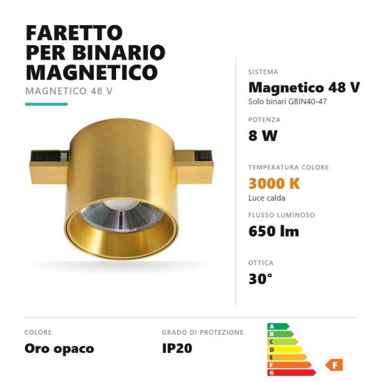 Gea luce gfa1900 faretto per binario magnetico led 8w 3000k antiabbaglio cilindrico oro