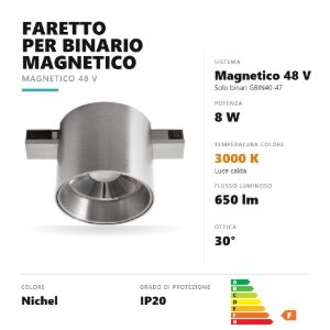 Gea luce gfa1900 faretto per binario magnetico led 8w 3000k antiabbaglio cilindrico nichel