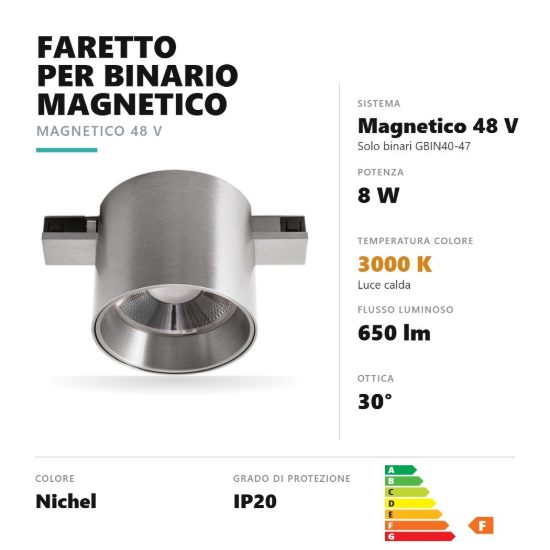 Gea luce gfa1900 faretto per binario magnetico led 8w 3000k antiabbaglio cilindrico nichel