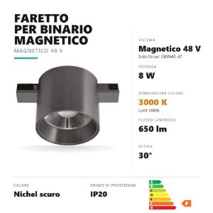 Gea luce gfa1900 faretto per binario magnetico led 8w 3000k antiabbaglio cilindrico nichel scuro