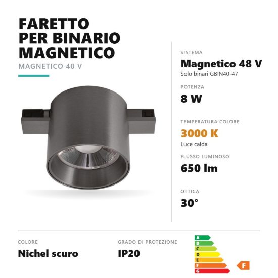 Gea luce gfa1900 faretto per binario magnetico led 8w 3000k antiabbaglio cilindrico nichel scuro