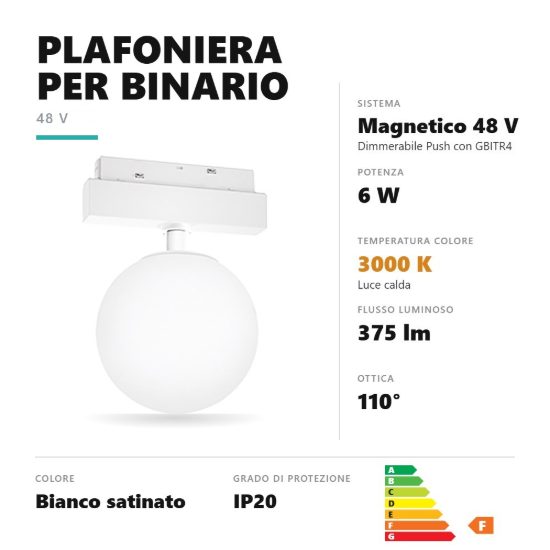 Gea luce gfa1930cd plafoniera per binario magnetico led 6w 3000k dimmerabile sferica bianco satinato