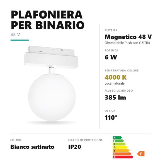 Gea luce gfa1930cd plafoniera per binario magnetico led 6w 4000k dimmerabile sferica bianco satinato