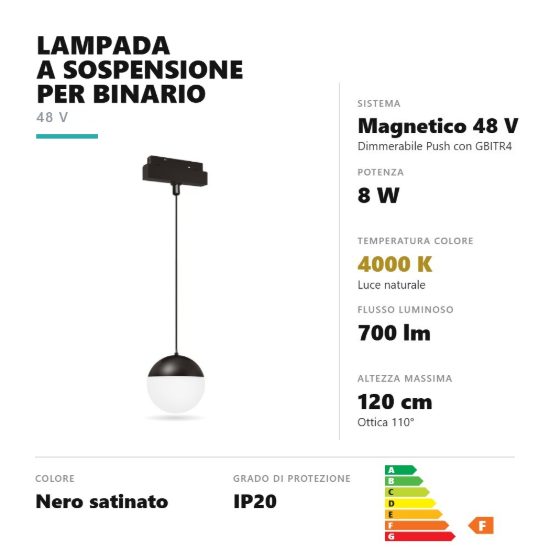Gea luce gfa1940cd lampada a sospensione per binario magnetico led 8w 4000k nero satinato