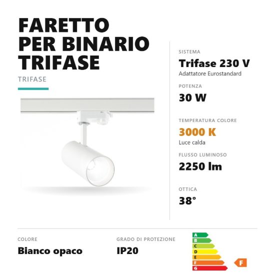 Gea luce gfa970c faretto per binario trifase led 30w 3000k cilindrico bianco