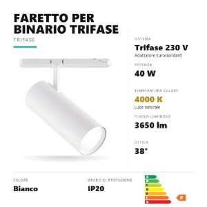 Gea luce gfa972c faretto per binario trifase led 40w 4000k orientabile cilindrico bianco