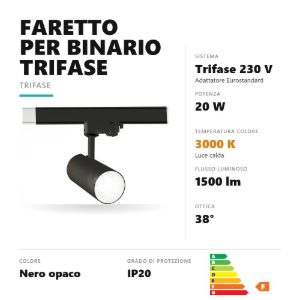 Gea luce gfa970c faretto per binario trifase led 20w 3000k cilindrico nero