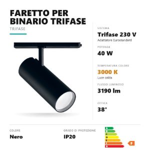 Gea luce gfa972c faretto per binario trifase led 40w 3000k orientabile cilindrico nero