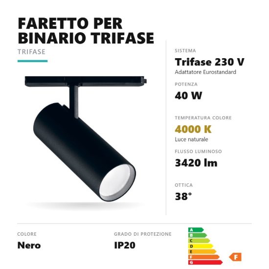Gea luce gfa972c faretto per binario trifase led 40w 4000k orientabile cilindrico nero