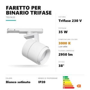 Gea luce gfa990c faretto per binario trifase led 35w 3000k cilindrico bianco satinato